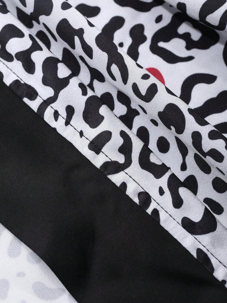 Women's Fashion Satin Leopard Pattern Contrast Trim Sleepwear Robe Pajama