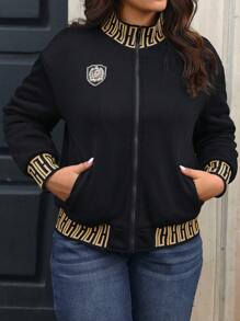 SHEIN LUNE Plus Size Patchwork Bedrukt Ribgebreid Baseballjack - Zwart - Bekijken 1