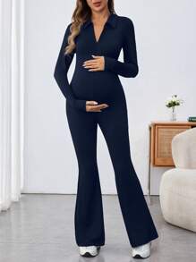 SHEIN Maternity Solid Zip Up V-Neck, Up V-Neck Jumpsuit - Navy Blue - View 5