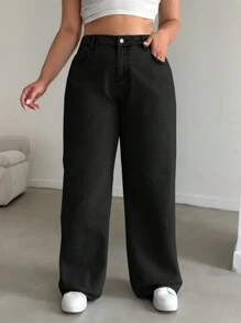 EURMUSE 100%Cotton HIGH RISE STRAIGHT CUT PLUS SZIE WOMEN JEAN - Black - View 4