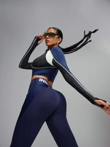 Innovista Tight Fit Cropped Colorblock Front Zipper Breathable Long Sleeve Sports Sweatshirts,Outfits T-Shirts Tops,Going Out,Party,Gym & Daily Casual,Festival,Fall Winter