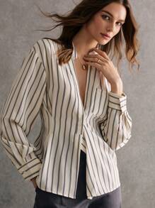 Poéselle Quần áo mùa đông cho nữ, Áo sơ mi sọc, Áo sơ mi nữ dài tay cổ chữ V cạp cao, dài vừa phải, Màu be, Áo dài, Thiết yếu đơn giản, Sang trọng, Công sở, Giải trí hàng ngày - Màu be - Xem 2