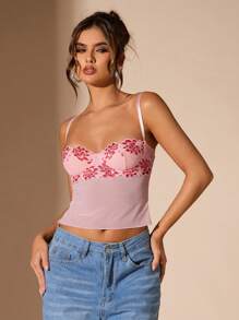 SHEIN BAE Camiseta de encaje floral ajustada estilo Y2K para mujer