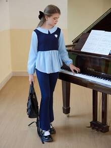 SHEIN Bộ 2 áo sơ mi dài vừa in hình trái tim 2 trong 1 và quần ống loe, trang phục trang trọng dễ thương cho bé gái tuổi mới lớn, mùa thu/đông - Nhiều màu - Xem 8