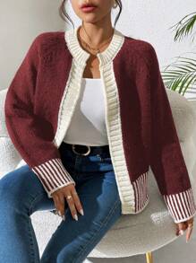 Calvaya 1pc French Style Versatile Black & White Stripe Knitted Cardigan
