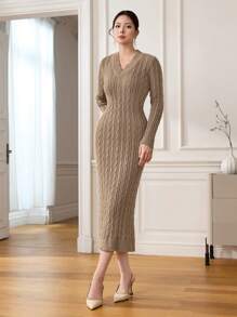 Modelyn Vintage Chunky Knit V-Neck Sweater Dress, New Design, High Quality
