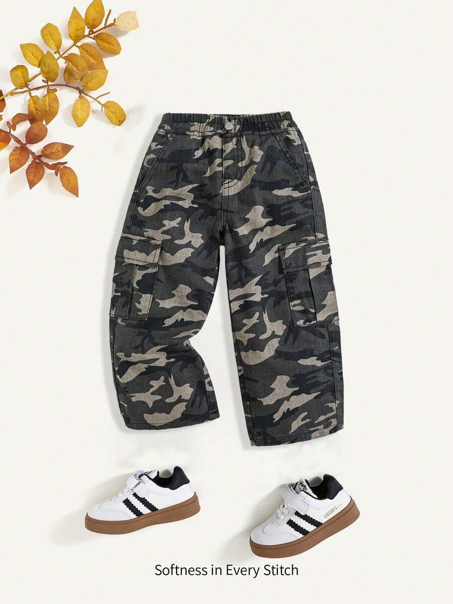 Cozy Pixies Young Boy Fashion Casual Cargo Pocket Design Camouflage Design Baggy Straight Leg Jeans For Daily Wear, Cargo Denim Pants, Fall/Winter Kids Clothes - Army Green - View 1
