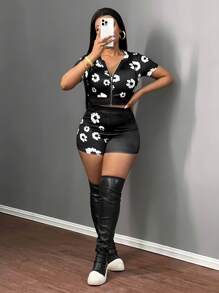 Slaydiva 2pcs/Set Women Casual Flower Print Fitted Sweatsuit