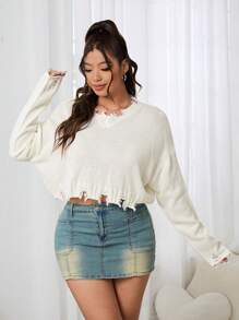 SHEIN EZwear 女式加大码纯色做旧落肩长袖休闲套头毛衣，白色 - 白色 - 查看 7