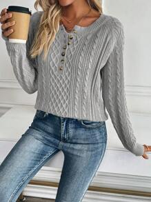 SHEIN LUNE Casual Buttoned Embroidery Decor Comfortable Women Solid Color Pullover Sweater Knit Pullover Fall Winter Outfit