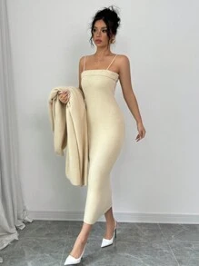 Rafferiza 2 chiếc váy nam màu trơn dây mảnh tối giản kèm áo khoác dài tay bộ thường ngày áo choàng lớn áo len dài váy áo choàng kéo váy áo len maxi - Màu be - Xem 5