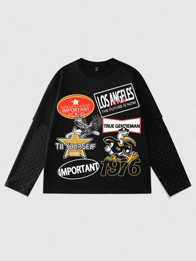 Street Life Men's Loose Drop Shoulder Glitter Patchwork Design T-Shirt