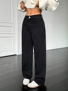 SHEIN PETITE 女式休闲宽腿口袋宽松牛仔裤 - 黑色 - 查看 6