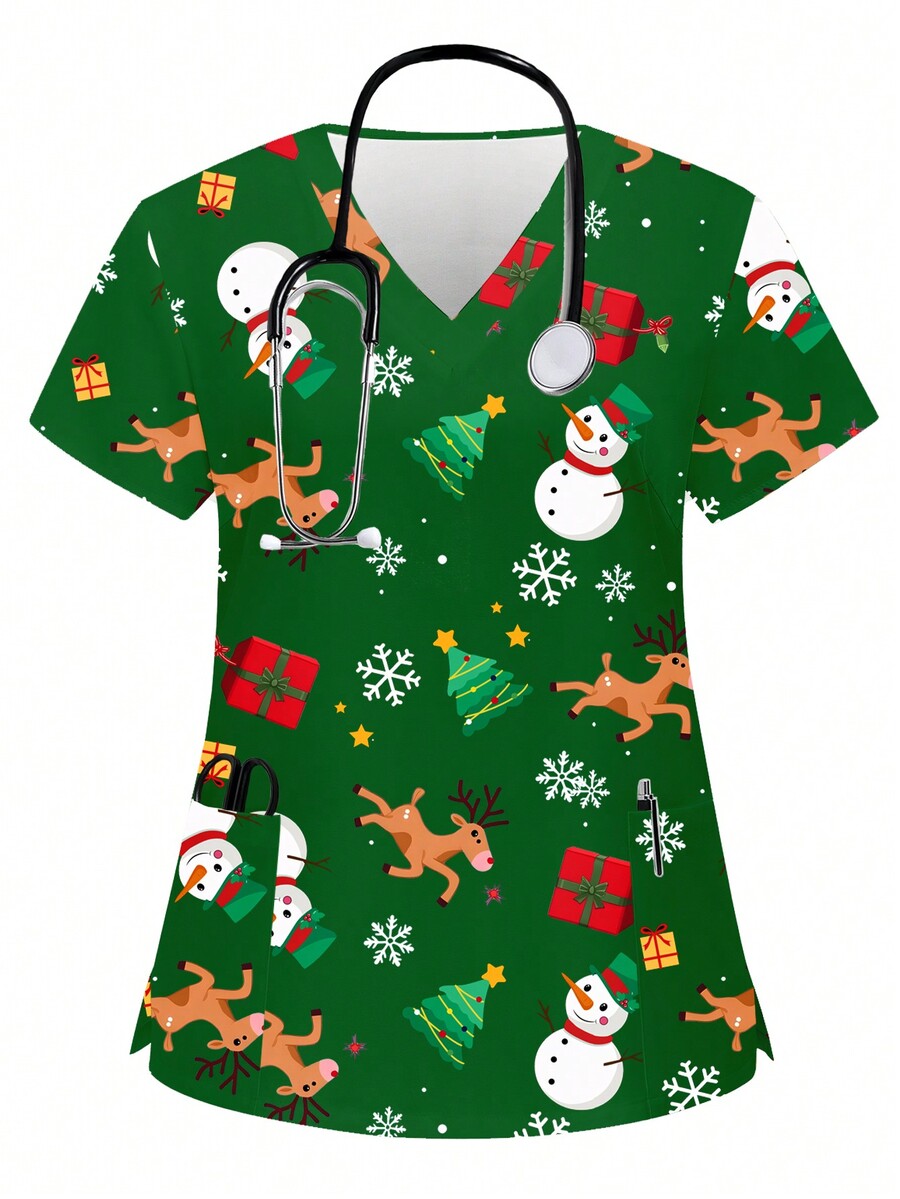 SHEIN TaskFit Plus Size Christmas Cartoon Elk, Christmas Tree, Snowman