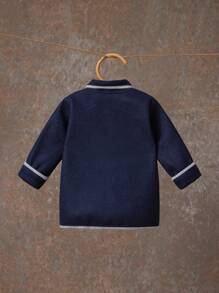 SHEIN Baby Boy's Color Block Trim Single-Breasted Long Sleeve Longline Woolen Blazer Jacket, Autumn And Winter - Navy Blue - View 2