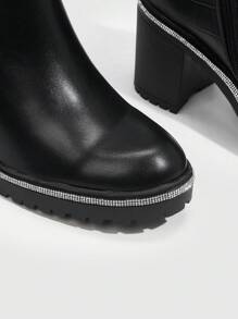 CUCCOO BIZCHIC Fashionable All-Match Commuting Comfortable Versatile Black Striped Rhinestone Round Toe Thick Heel Ankle Boots For Christmas And New Year Holiday Vibe Fall And Winter - Black - View 3