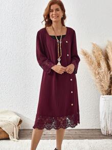 EMERY ROSE Plus Size Women's Button Decor Lace Splice Sleeve Loose Long Dress Burgundy Color Women Outfit - Burgundy - View 3