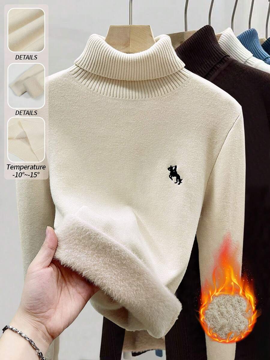 SHEIN Essnce Áo len chui đầu cổ lọ một mảnh màu trơn mới, lót nhiệt, thêu dày, vừa vặn thanh lịch dành cho nữ - Màu be - Xem 1