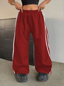 Flirla Pantalones con dobladillo para mujer de talla grande, con bordado en la costura lateral, cintura elástica con cordón ajustable y tobillos