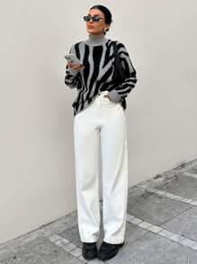 RueChic Women Zebra Print High Neck Brushed Pullover, Casual For Daily Wear - Black and White - View 6