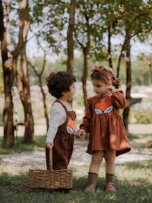 SHEIN Baby Mädchen Kleid mit Cartoon Muster, Herbst/Winter - Kaffeebraun - Übersicht 2