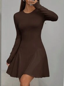 SHEIN EZwear 秋季女式合腰荷叶边下摆中长连衣裙 - 巧克力棕 - 查看 3