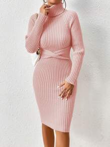 Chiquease 女士纯色高领长袖修身休闲毛衣连衣裙 - 粉色 - 查看 6