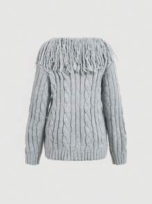 SHEIN MOD Long Sleeve Buttoned Cardigan With Furry Collar And Cable Pattern In Grey,Oversized Sweater,Ugly New Year Sweater, Festival Sweater,Women Cardigans,Fuzzy Sweater