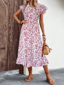 Breezaya Vestido casual de mujer con cuello en V, manga corta y estampado floral