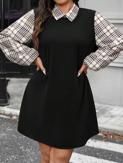 SHEIN LUNE Plus Size Women's Black Fuzzy Ribbed Splice Sleeve White Solid Shirt Collar Design Long Sleeve Dress, Autumn/Winter Dress