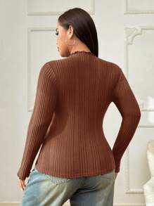 SHEIN EZwear 大码女式休闲罗纹长袖修身 T 恤，秋季 - 棕色 - 查看 2