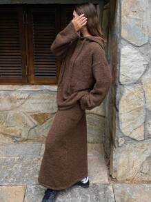 DAZY 2pcs Solid Color Loose Hoodie Sweater And Straight Skirt Set For Women,Fall Women Clothes - Brown - View 1