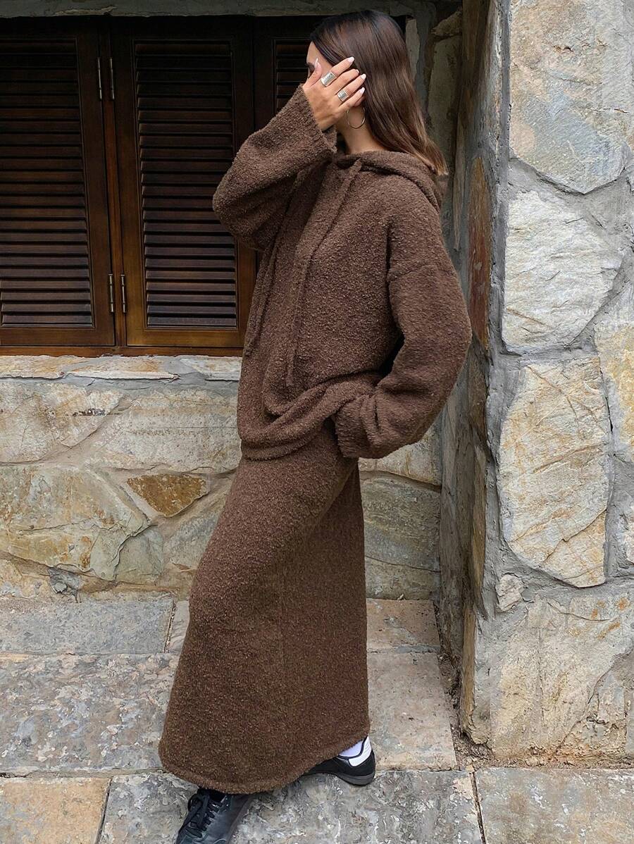 DAZY 2pcs Solid Color Loose Hoodie Sweater And Straight Skirt Set For Women,Fall Women Clothes - Brown - View 1
