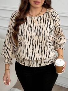 SHEIN LUNE Long Sleeve Shirt Going Out Tops Plus Size Casual Long Sleeve Shirt With Dotted Print, Lantern Sleeves And Hem Plus Size Fall Clothes - Multicolor - View 4
