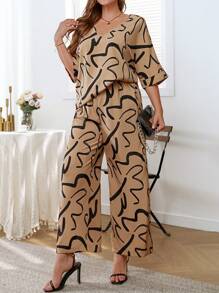 INAWLY 2pcs Plus Size Women Summer Striped Print V-Neck Batwing Blouse And High Waist Drawstring Pants Casual Set