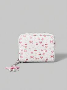 ROMWE Kawaii 1 cái Ví đựng tiền xu có dây kéo trang trí hình trái tim và nơ tối giản dành cho nữ - Nhiều màu - Xem 1