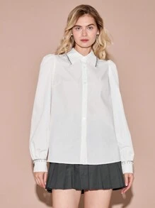 Enchnt 女士优雅水钻和珍珠装饰主教袖衬衫，适合秋季 - 白色 - 查看 6