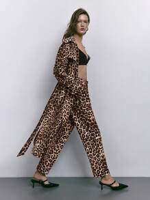 Maija Women's Autumn Loose Leopard Print Self-Tie Belt Double-Breasted Real Pockets Large Lapel Drape Long Leopard Printed Trench Coat