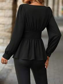 Solivie Women's Solid Color Asymmetrical Ruched Long Sleeve Elegant Blouse, Autumn,Long Sleeve Tops