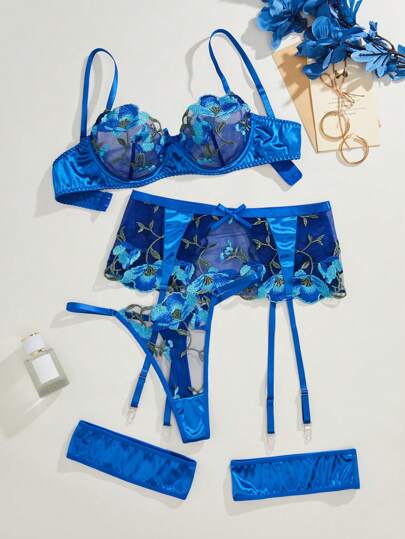 Bloemen Geborduurde Underwire Garter Lingerie Set 1pair Leg Ring view 6