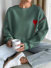 EURMUSE Red Heard Embroidered White Sweatshirt With Red Piping At Sleeves - Dark Green - View 3