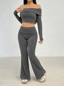 SHEIN PETITE 2 件套女士休闲纯色露肩长袖短款上衣和喇叭裤套装，秋季 - 灰色 - 查看 5