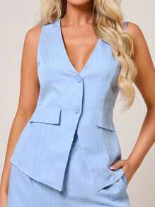 SHEIN SXY 秋冬蓝色条纹纽扣背心女式外套 - 藍色 - 查看 7