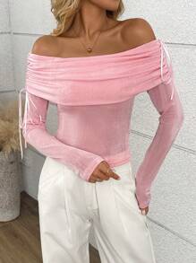 Chiquease 女士露肩长袖系带简约T恤，休闲日常穿着 - 粉色 - 查看 3