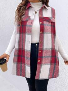 Calvaya Plus Size Button Front Sleeveless Faux Pocket Plaid Casual Jacket, For Winter Sleeveless Cardiganplaid Coat - Multicolor - View 4