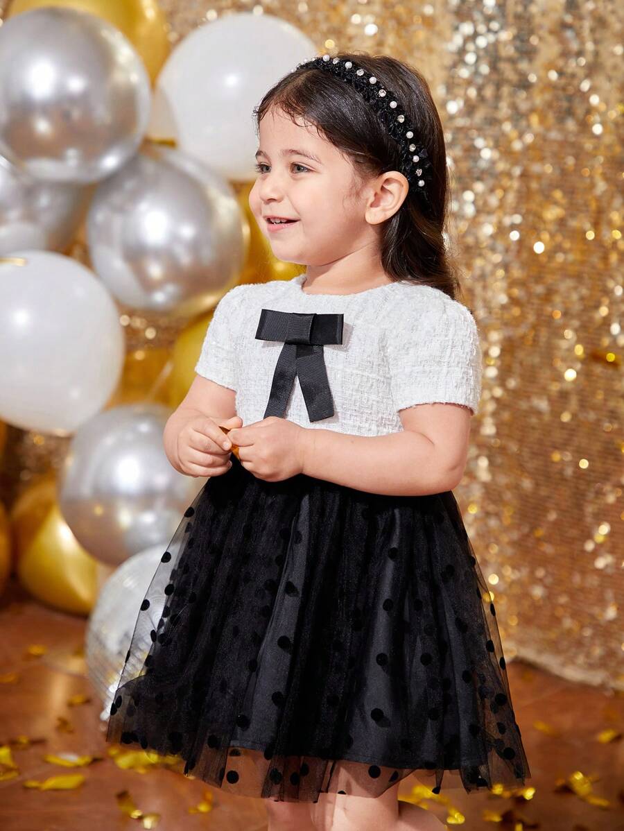 SHEIN Baby Girl Elegant Cute Color Block Bow Polka Dot Mesh Short Sleeve Dress, For Christmas - Black and White - View 1