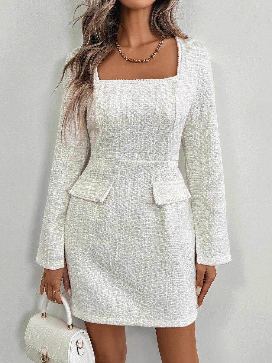 SHEIN Clasi Vestido corto elegante de mujer de calidad sólida con cuello de solapa de boucle - Blanco - Ver 1