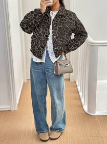 SHEIN Essnce Women Leopard Print Short Jacket, Spring And Autumn - Coffee Brown - View 1