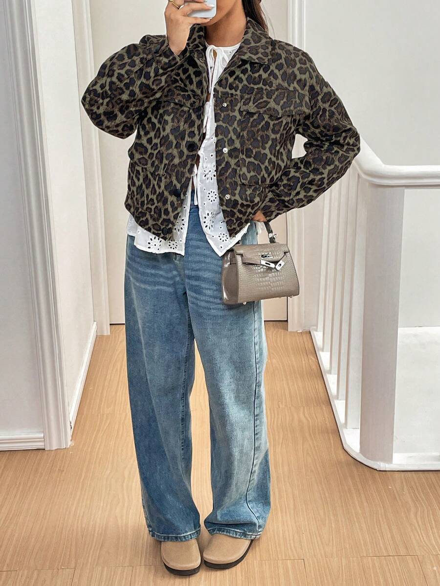 SHEIN Essnce Women Leopard Print Short Jacket, Spring And Autumn - Coffee Brown - View 1