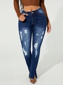 SHEIN SXY Pantalon en jean skinny fendu avec déchirures, style urbain pour femmes - Jean brut - Voir 6
